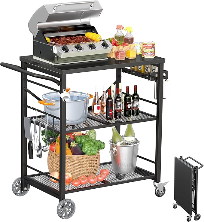 Ciokea Folding Outdoor Grill Cart with Wheels, Foldable Outdoor Grill Table with 27"x18" INCH Top, 3-Shelf Prep Table, Pizza Oven Stand, Metal Portable Kitchen Cart for BBQ Patio Camping (All Black)