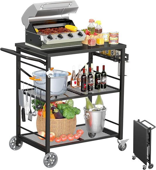 Ciokea Folding Outdoor Grill Cart with Wheels, Foldable Outdoor Grill Table with 27"x18" INCH Top, 3-Shelf Prep Table, Pizza Oven Stand, Metal Portable Kitchen Cart for BBQ Patio Camping (All Black)