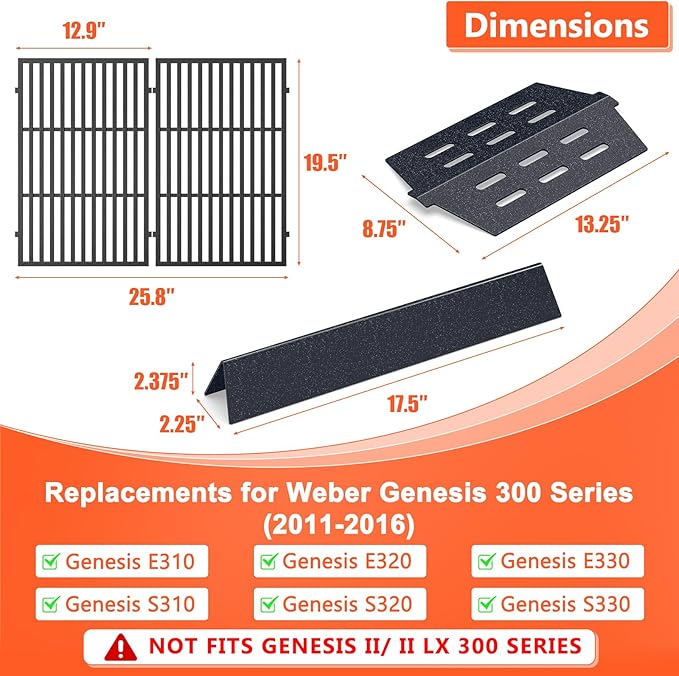 QuliMetal Grill Parts Replacement for Weber Genesis 300 Series, E310, S310, E320, E330, S330, EP310, EP320, EP330 Series Grills with Front-Mounted Control (Weber 7620+7622+7524, Black)