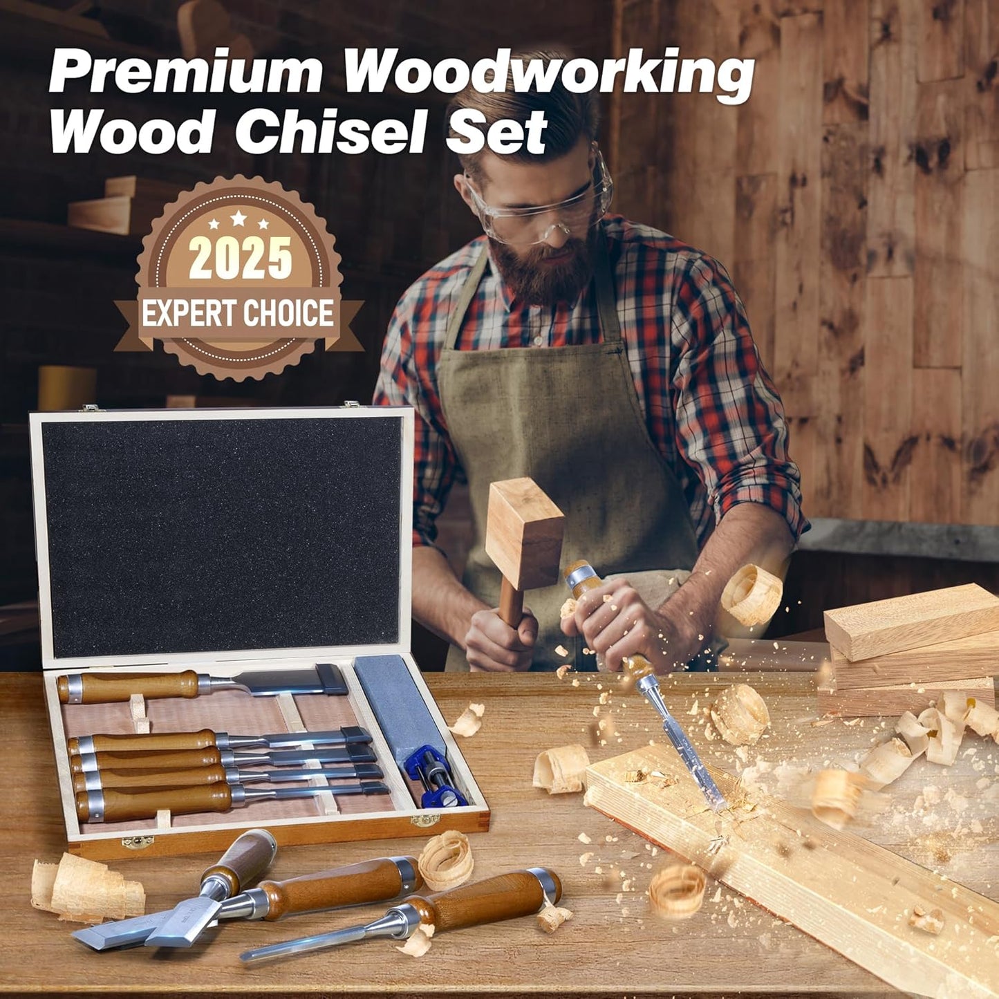 10 Pieces Wood Chisel Set, 1/4"~2" Woodworking Chisel Kit with Sharp CR-V 60 Steel Blades, Wooden Box, Honing Guide, Sharpening Stone for Carpenter Craftsman Woodworker