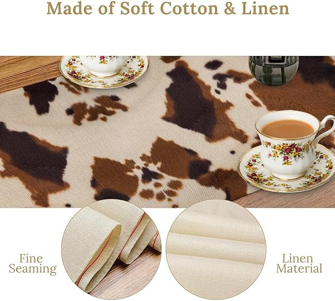 Cowhide Print Table Runner, Western Farm Animal Fur Wildlife Rustic Table Runner for Kitchen Farmhouse Dining Home Banquet Party 13x90in