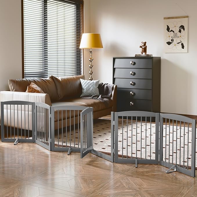 Freestanding Pet Gates with Walk Through Door, Dog Indoor Fence, Dog Gate for The House, Doorway, Stairs, Extra Wide Pet Gate, Support Feet Included, 120 Inch Wide, 6 Panels 24" Tall, Gray