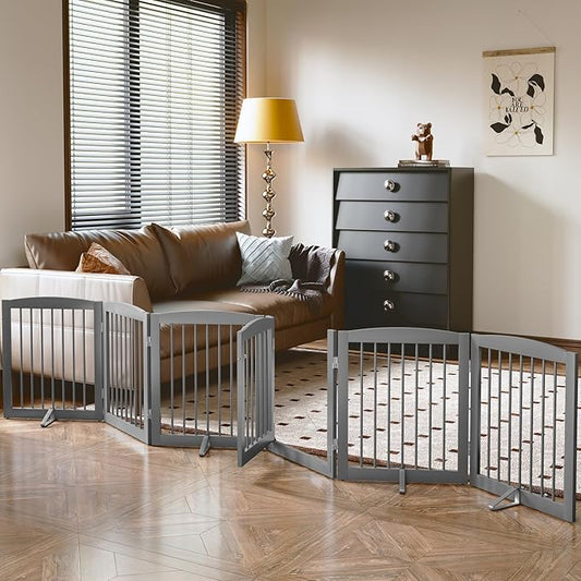 Freestanding Pet Gates with Walk Through Door, Dog Indoor Fence, Dog Gate for The House, Doorway, Stairs, Extra Wide Pet Gate, Support Feet Included, 120 Inch Wide, 6 Panels 24" Tall, Gray