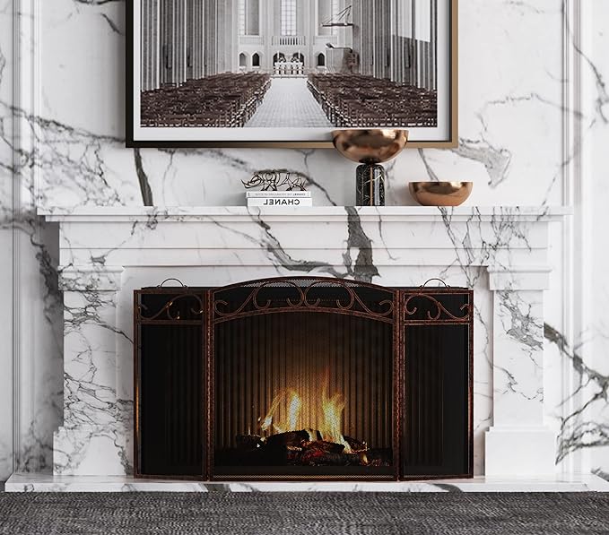 Fire Beauty Fireplace Screen 3 Panel with Handles Wrought Iron 51"(L) x31(H) Spark Guard Cover(Brushed Copper)