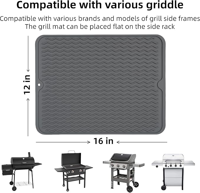 Grill Accessories, 16x12 Inch Silicone Heat Resistant Mat, BBQ Tool Rest Pad for Blackstone Griddle Side Shelf, Weber, Traeger, Outdoor Kitchen Countertop Protector (Grey)