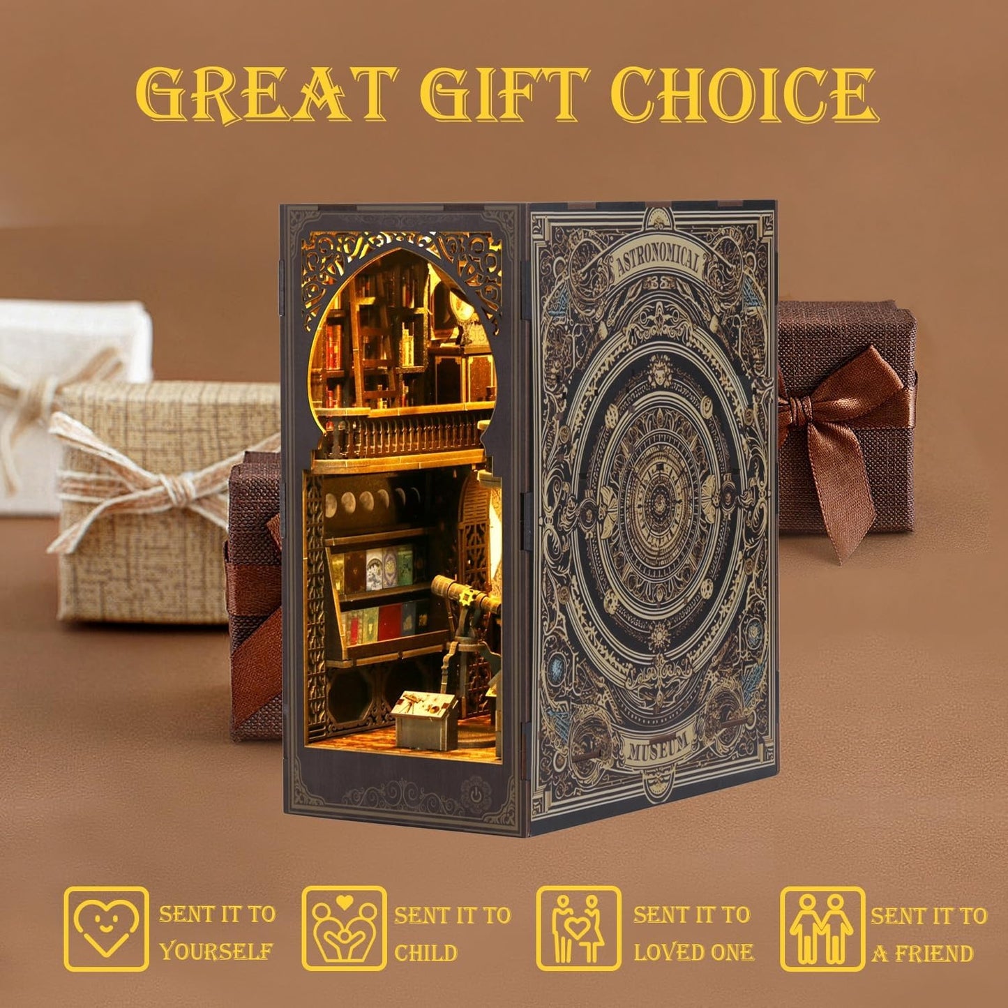 Book Nook Kits for Adults, 3D Printed DIY Miniature House Kit Astronomical Museum Booknook Wooden Puzzle Dollhouse Bookshelf Insert Decor with LED Lights Gifts for Book Lovers, Space Enthusiasts