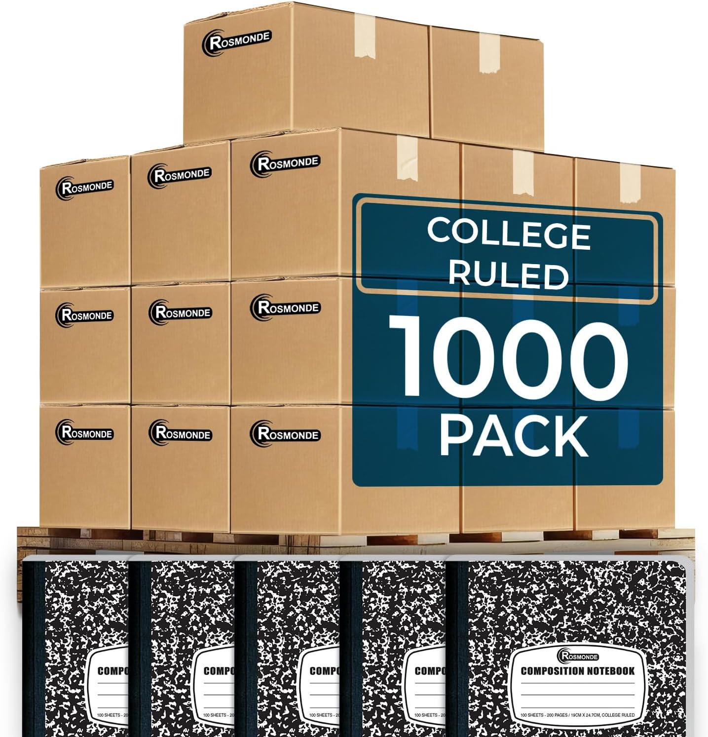 Rosmonde 1000 Pack (Pallet) Composition Notebooks Bulk, College Ruled, Pallet of Notebooks, 200 Pages (100 Sheets), 9-3/4 x 7-1/2, Bulk Notebooks for School, College & Office, 4-7 Days Transit