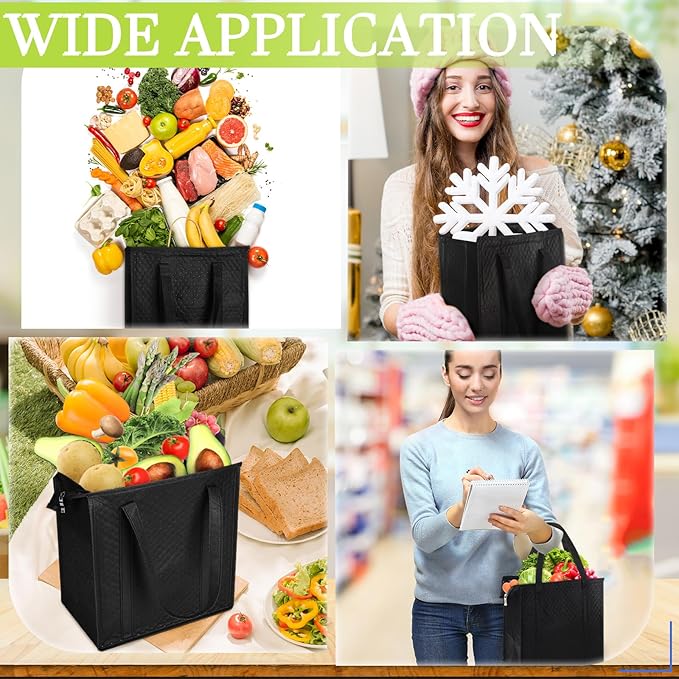 10 Pack Large Insulated Grocery Bags Reusable Shopping Bags with Zippered Top 13 x 12 x 7 Inch Thermal Cooler Totes Bulk with Handles for Hot Cold Food Delivery Refrigerator(Black)