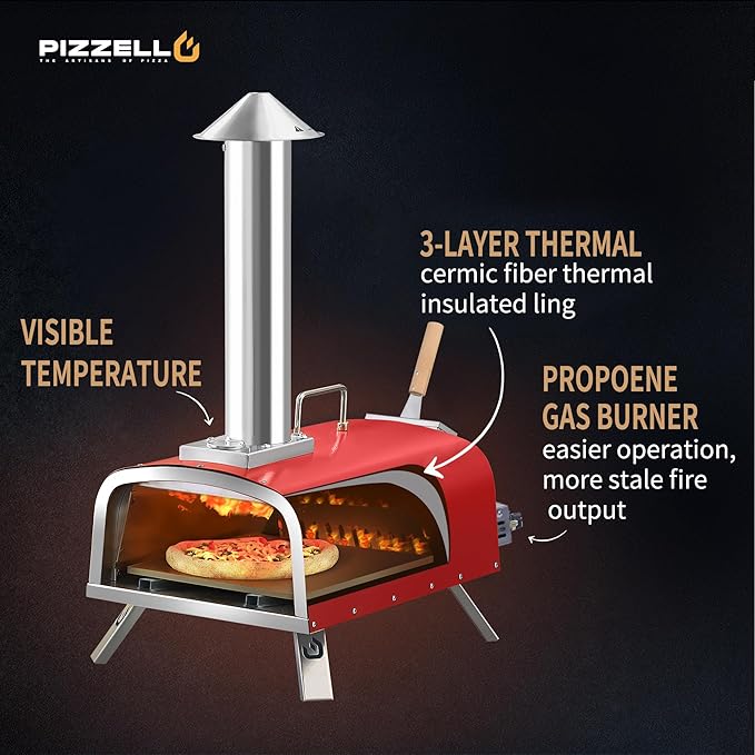 PIZZELLO 13" Outdoor Pizza Oven Propane Wood Fired Outdoor Foldable Pizza Ovens with Gas Burner, Wood Tray Pizza Stone, Pizza Peel, Cover