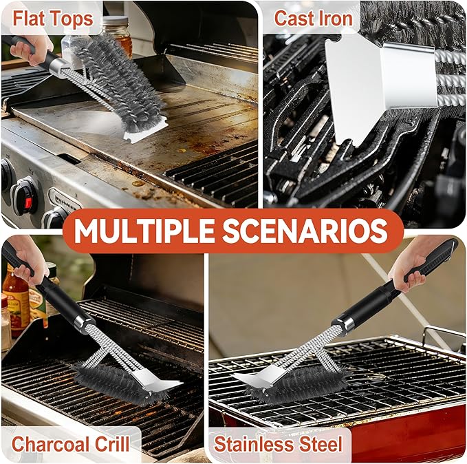 Grill Brush with Scraper,Adjustable Handle BBQ Grill Brush,Extra Strong Grill Cleaning Brush,Hangable Grill Brush for Outdoor Grill/Smoker,Ideal BBQ Grill Cleaning Kit Gifts for Outdoor Wizard