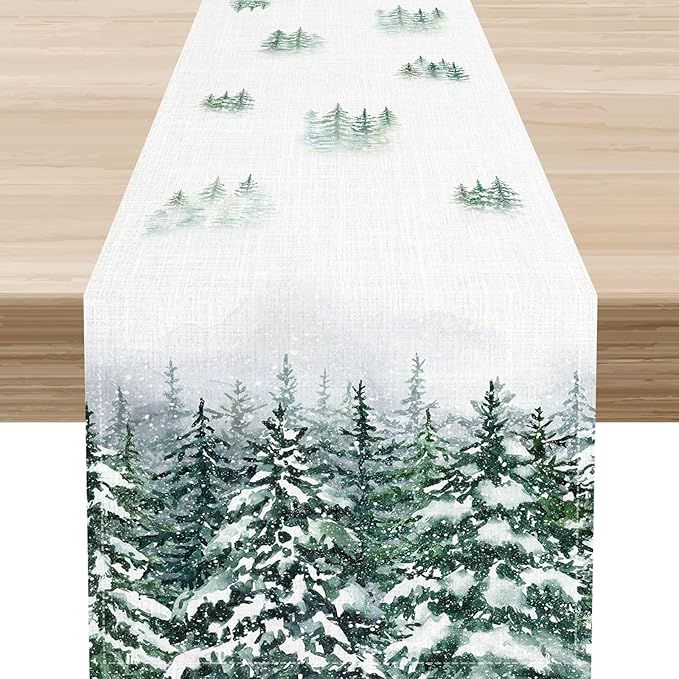 Forest Table Runner, Rustic Farmhouse Mountains Birds Pine Tree Woodland Jungle Cottage Country Coffee Table Center Decor for Home Kitchen Dining Patio Holiday Party Table Decorations, 13"x72" Inch