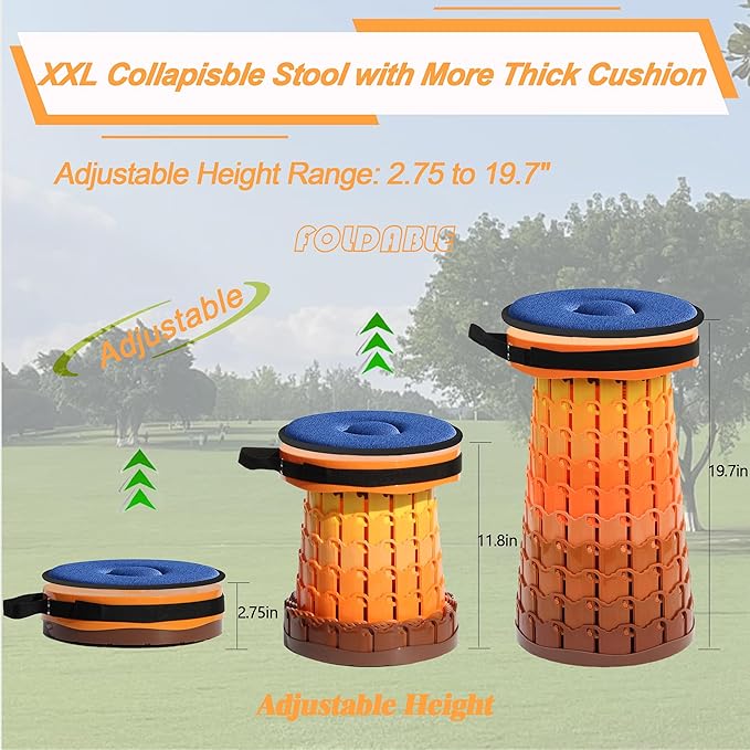 ALEVMOOM Upgraded XXL Collapsilbe Stool with Cushion,More Sturdy and Height 19.7",D11.8,Portable and Lightweight Adjustable Chair Telescoping Stool for Camping Hiking BBQ Max Loading 1000Ibs