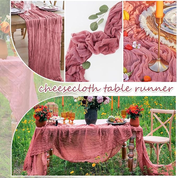 20 Packs Cheesecloth Table Runner 10FT Long Boho Gauze Fabric Table Runner Vintage Rustic Sheer Runners for Wedding Party Bridal Baby Shower Table Decorations (Dusty Rose )
