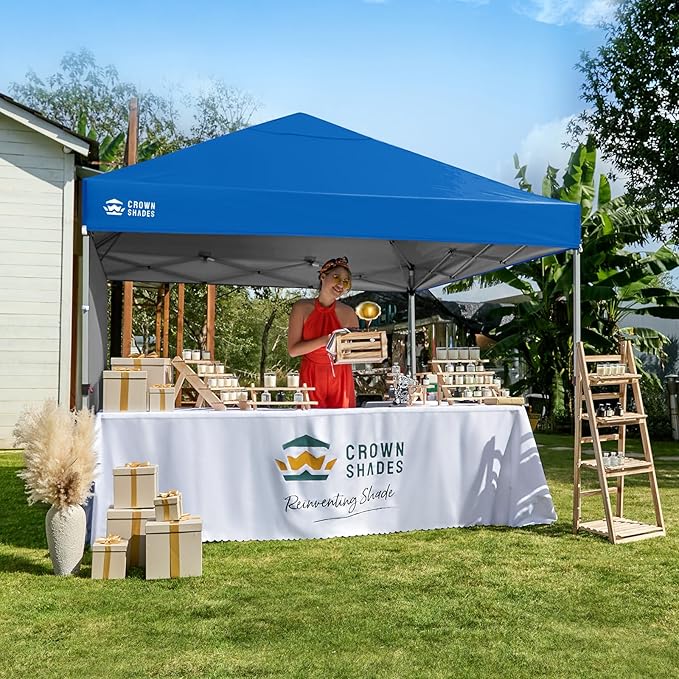 CROWN SHADES 8x8 Pop Up Canopy with 1 Side Wall - Beach Tent with One Push Setup - Outdoor Sun Shade for Events, Parties, Camping - Gazebo with STO-N-Go Cover Bag (Blue)