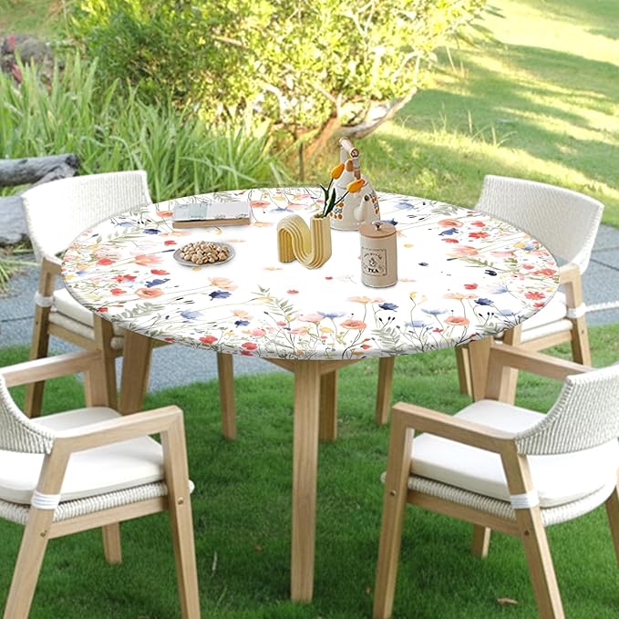 Spring Summer Floral Round Fitted Tablecloth with Elastic Watercolor Farmhouse Wildflower Circle Table Cloth for 36-40" Tables Wipeable Waterproof Easter Flower Table Cover for Picnic Dining Outdoor