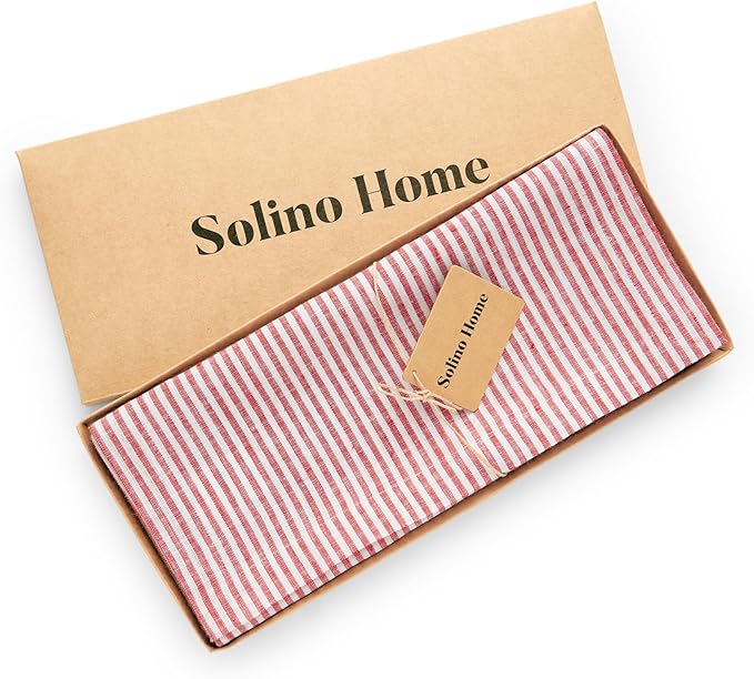 Solino Home Linen Table Runner 156 Inches Long - Narrow Stripe, 100% Pure Linen Red and White Table Runner 14 x 156 Inch for Dining, Valentines, Spring, Easter