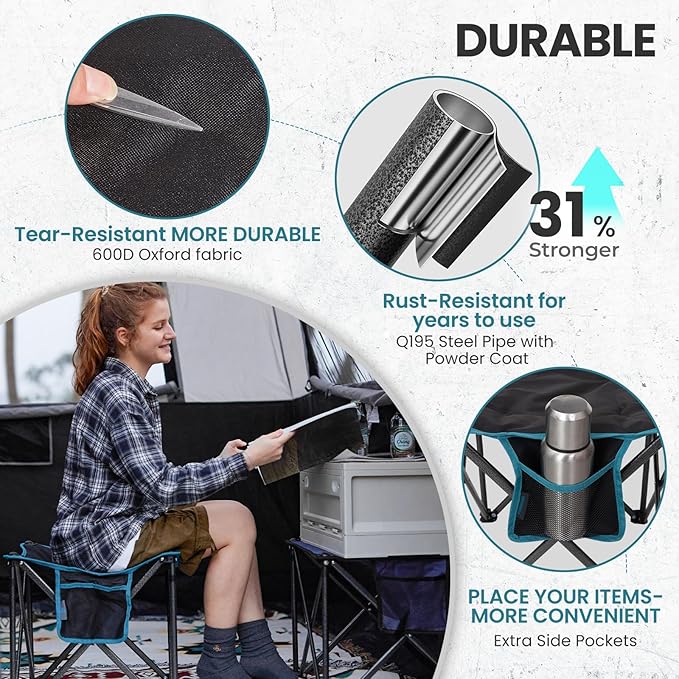 FUNDANGO Oversized Camping Stool for Adults, Thick Padded 18.1 Inch Folding Ottoman Foot Rest, 440 Lbs Heavy Duty Outdoor Camp Chairs with Anti-Slip Foots & Carry Bag for Fishing Lawn Travel (Black)