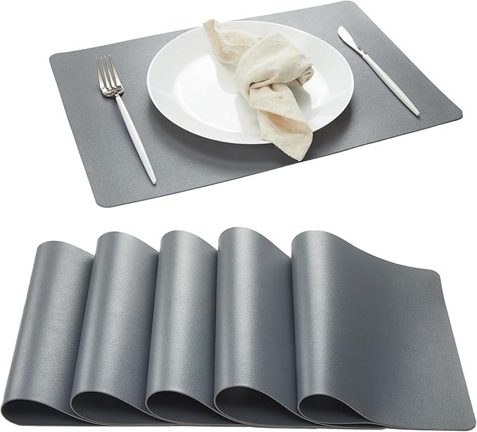 DOLOPL Placemats Set of 6, Wipeable Faux Leather Heat Resistant Table Mats - Anti Slip Table Place Mats, Modern Washable Outdoor Placemats for Kitchen Dining Room Table Decorations(Gray)
