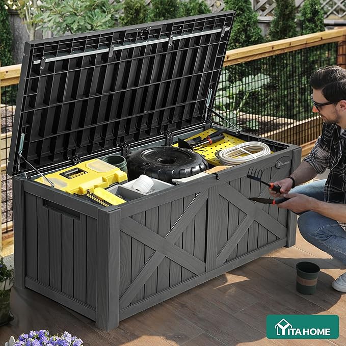 YITAHOME 120 Gallon Large Outdoor Storage Box with X-Shaped Front, Waterproof Resin Deck Box Cushion Storage Bench for Patio, Pool Supplies, Garden Tools - Lockable, Dark Gray