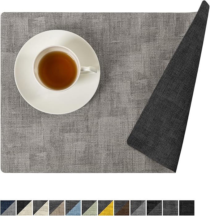 Romanstile Reversible Vinyl Placemats Set of 8, Faux Leather 100% Waterproof Oil-proof Wipeable Place Mats, Heat Resistant Dual Sided Table Mats for Kitchen/Dining/Party (Grey Light Grey, 12 x 17 Inch