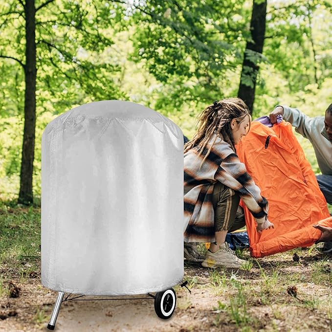 Mikikit Polyester Outdoor Grill Cover BBQ Barbecue Protective Cover with Drawstring Heavy Duty Round Grill Dustproof Shield for Patio Cooking