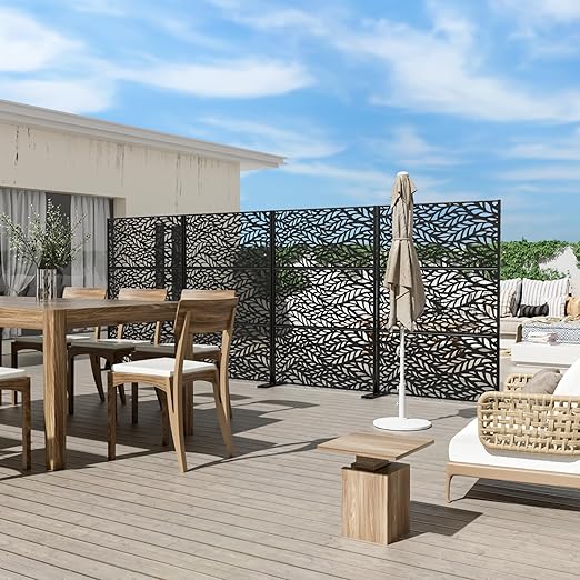 Casaphoria 72" H x 47" W Metal Outdoor Privacy Screen, Freestanding Decorative Divider for Patio, Deck, Balcony, and Garden with Stable Base, Black Spring