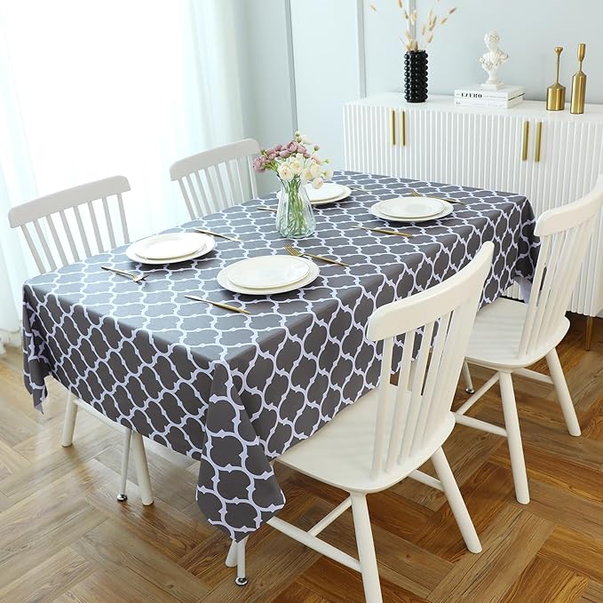 Romanstile Square Plastic Tablecloth, 100% Waterproof Oil-Proof Checkered PVC Table Cloth, Heavy Duty Vinyl Table Cover for Dining, Camping, Picnic, Outdoor - 54 x 54 Inch, Moroco Grey