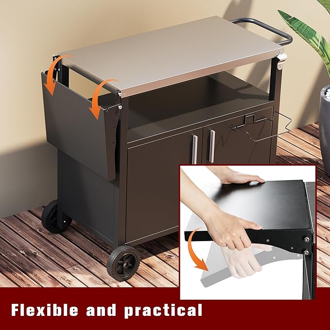 Vongrasig Grill Cart with Storage, Outdoor Bar Cart Rolling BBQ Movable Pizza Oven Table Stand with Foldable Stainless Steel Top & Storage Cabinet, Black