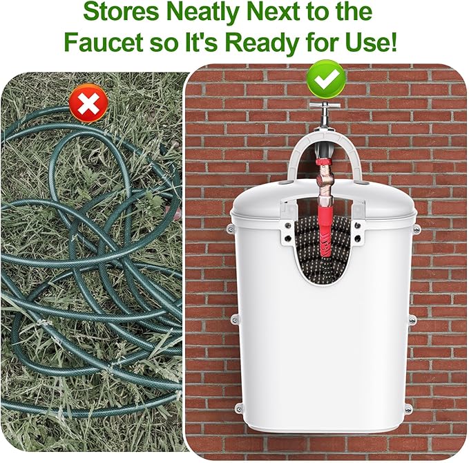 Riokko Garden Hose Holder Bucket, Hose Storage, Water Hose Storage for Outside, Hose Box Fits 25FT Heavy Duty/100FT Expandable/50FT Flat/50FT Stainless Steel Hoses, Hanging Handle & Drain Hole Design