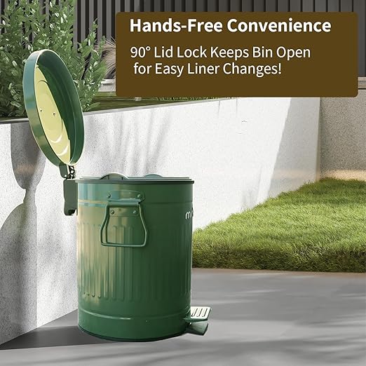 MRBIN Dog Poop Trash Can with Lid, 13L/3.4 Gal Round Pet Outdoor Waste Basket with Pedal, Step Touchless Garbage Pail for Outside Patio, Yard, Garage, Green Roman Stripe Design