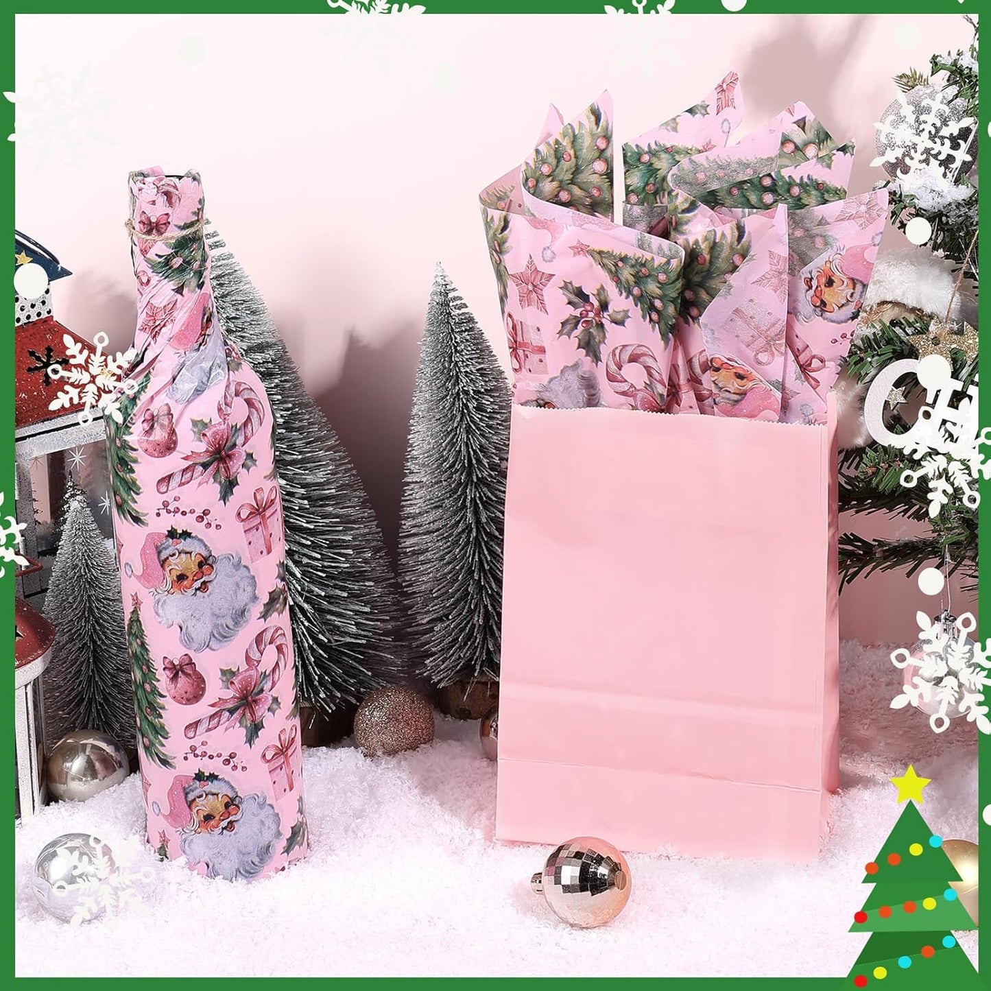 100 Sheets Pink Santa Tissue Paper, Santa Claus Xmas Tree Berries Bell Patterns Decorative Art Paper for Winter Home Party DIY Crafts Christmas Party Supplies, 13.8 x 19.7 Inch
