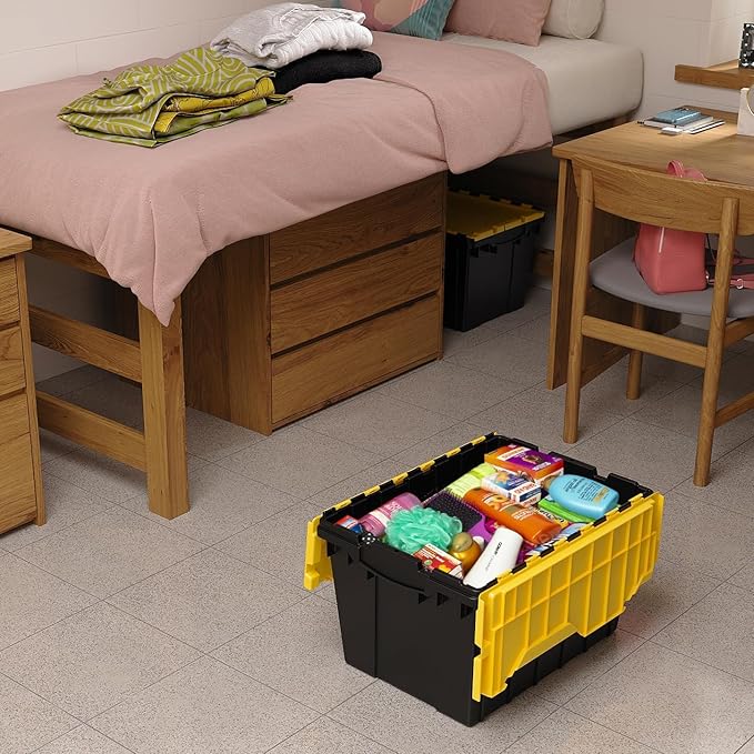 Akro-Mils KeepBox 12 Gallon Storage Container, Nesting and Stackable Plastic Storage Box with Lid Attached, Organizer Tote for Garages, Closets, and Moving, 21-1/2" x 15" x 12-1/2", Black/Yellow