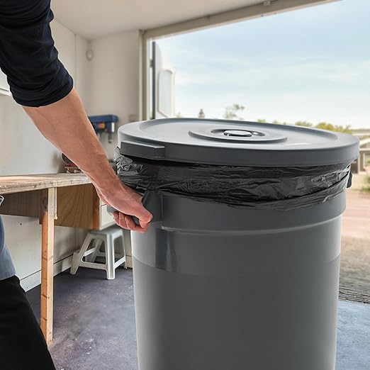 PRO&Family Commercial Round Trash Can with Lid and Dolly Rolling Waste Container, Ingredient Bin, Heavy-Duty Plastic, Anti-Static, Kitchen, Office, Outdoor Use (Gray, 20 Gallon)
