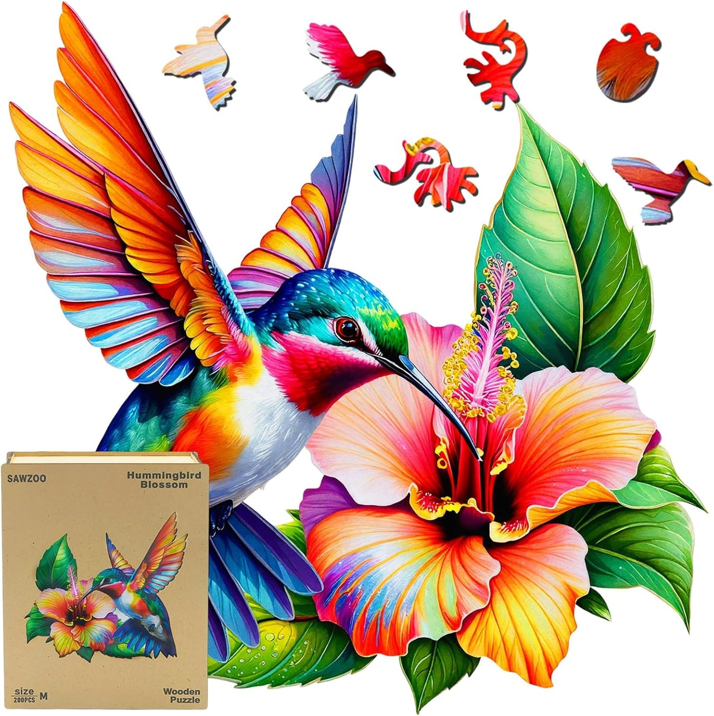 Wooden Jigsaw Puzzles for Adults and Kids, Hummingbird Blossom 200 Piece Unique Shaped Puzzle, Family Game and Creative Wooden Puzzle Gift, Wall Art Decor
