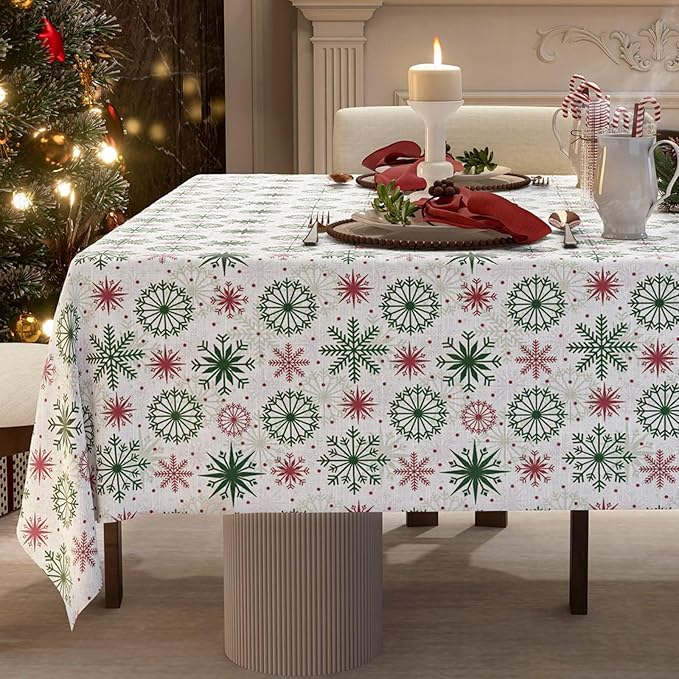 Christmas Tablecloth with Snowflake, Spillproof Waterproof Fabric Table Cloth for Dining, Parties, Holiday, Winter Table Decorations - 60''x84''