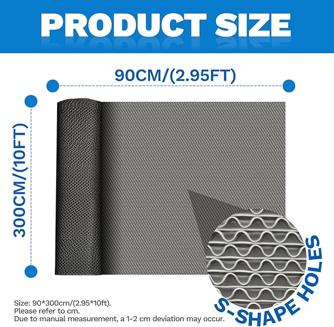 PVC Drainage Floor Mat 3x10Ft, Non-Slip 0.22'' Thick Heavy Duty Mesh Hole Pool Mat, Commercial PVC Mesh Hollow Mats, Outdoor Indoor Rug for Bathroom Patio Bath Shower Wet Area (Grey)