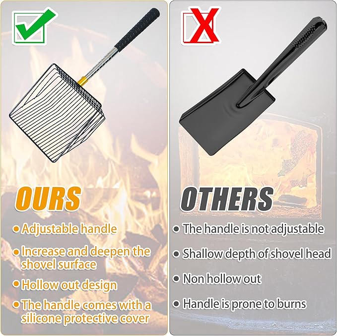 Hollow Out Fireplace Shovel Black Metal Coal Shovel Fireplace Ash Sifter Scalable Stainless Steel Handle with Silicone Protector to Prevent Burns, Fireplace Tools for Woodstove to Separate Coals