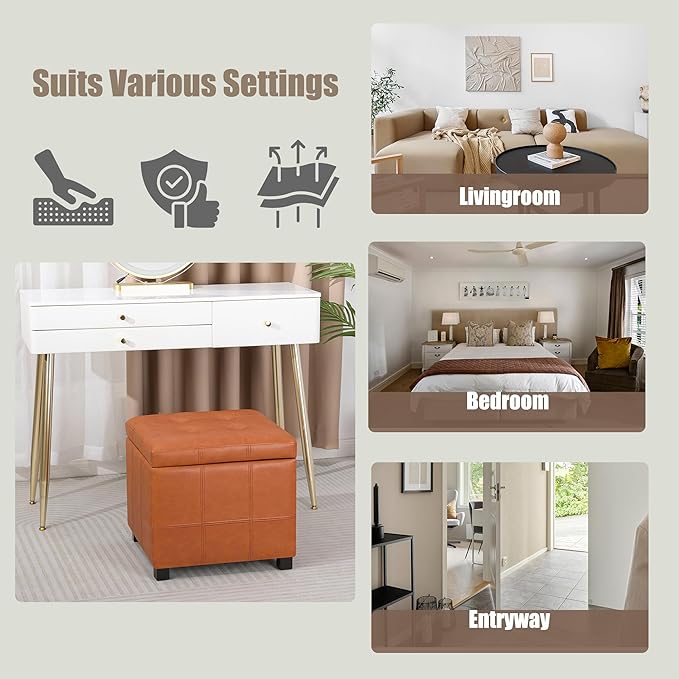 Homebeez Faux Leather Lift Top Storage Ottoman Bench with Solid Wood Frame & Tufted PU - 17.3 Inch Cube Footrest, Seat, with Metal Hinges for Living Room, Bedroom, Dorm | Orange Brown