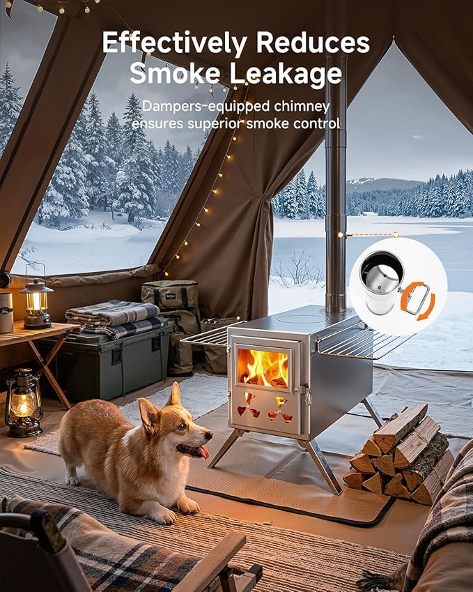 Hot Tent Wood Stove, Portable Camping Wood Burning Stove with 8 Stainless Chimney Pipes, Folding Wood Stove for Tent, Outdoor Heating, Cooking, Hunting, Ice Fishing