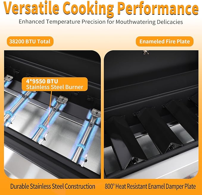 4-Burner Propane Gas Grill, 38250 BTU BBQ Grill with Cast Iron Grates, 302 Sq. In. Cooking Area, Foldable Side Shelves, Portable Outdoor Camping Patio Grill, Black