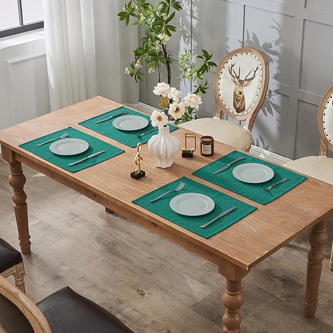 BALCONY & FALCON Placemats Set of 4 Faux Linen Cloth Place Mats Washable Waterproof Wrinkle Resistant Table Placemats for Dining Kitchen Farmhouse Indoor & Outdoor Use(Teal, 13.8”x 17.7”