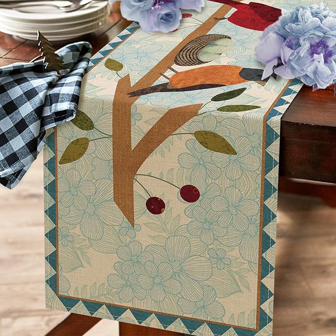 Seliem Spring Summer Birds Blue Table Runner, Cardinal Chickadee Bluebird Branch Red Berry Kitchen Dining Table Decor, Flower Nest Egg Burlap Home Decoration Indoor Outdoor Party Supply 13 x 36 Inches