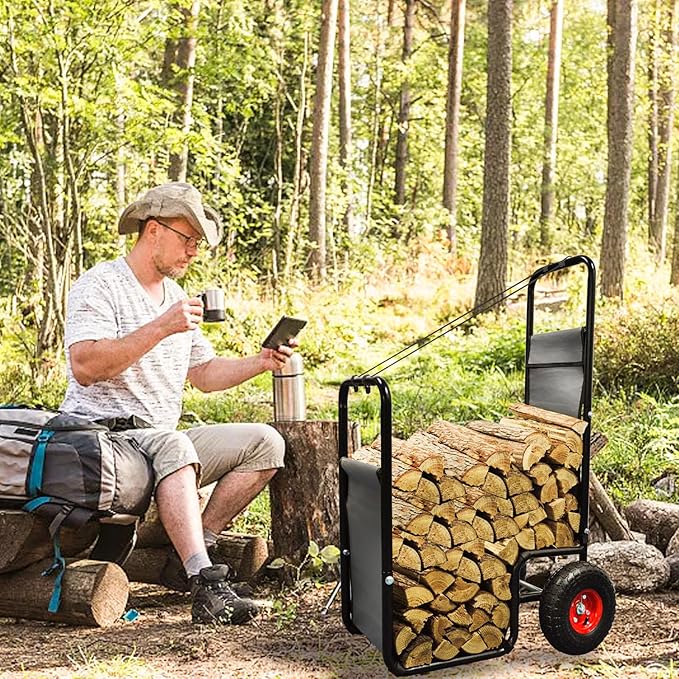 Kapler Firewood Cart with Wheels - Heavy Duty Steel Dolly Hauler - 250 LB Capacity & 600D Oxford Cloth for Indoor Outdoor Fireplace Fire Pit Use