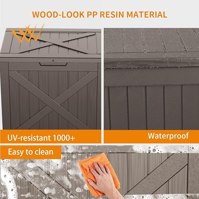 EasyUp 32 Gallon Outdoor Deck Box Waterproof, UV Resistant Resin Outdoor Storage Box for Delivery, Porch, Patio and Garden, X-Design Grey