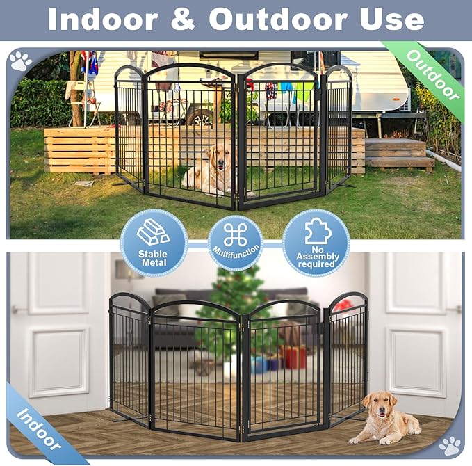 Full Metal Free Standing Dog Gate with Door for Indoor & Outdoor,96'' Extra Wide 32'' Tall Dog Gate for The Doorways,Large Openings,Decks,Porch,Pet Freestanding Safety Fence(4 Panels,Black)