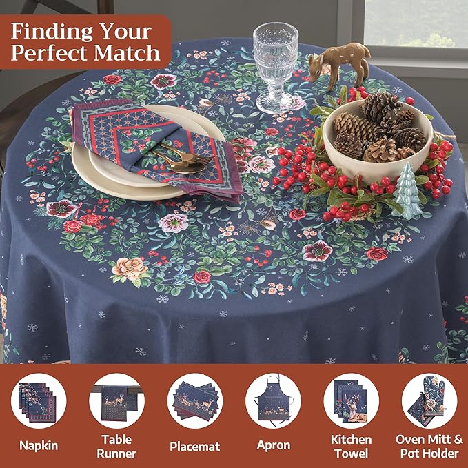 Maison d' Hermine Table Cloth Round Table 100% Cotton 63 Inches Fall Tablecloth Reusable Everyday Use for Thanksgiving Christmas Decorations Dining Farmhouse Party (Christmas Joy)