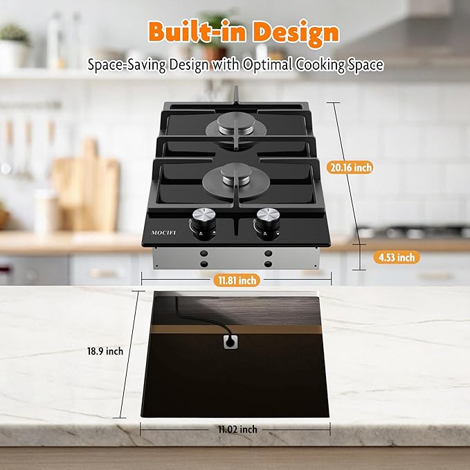 2 Burner Gas Cooktop, 12 Inch Built-in Propane/LPG/NG Dual Fuel Stove, Black Tempered Glass Hob with Thermocouple Protection & Adjustable Flame, for Apartment, Kitchen, RV