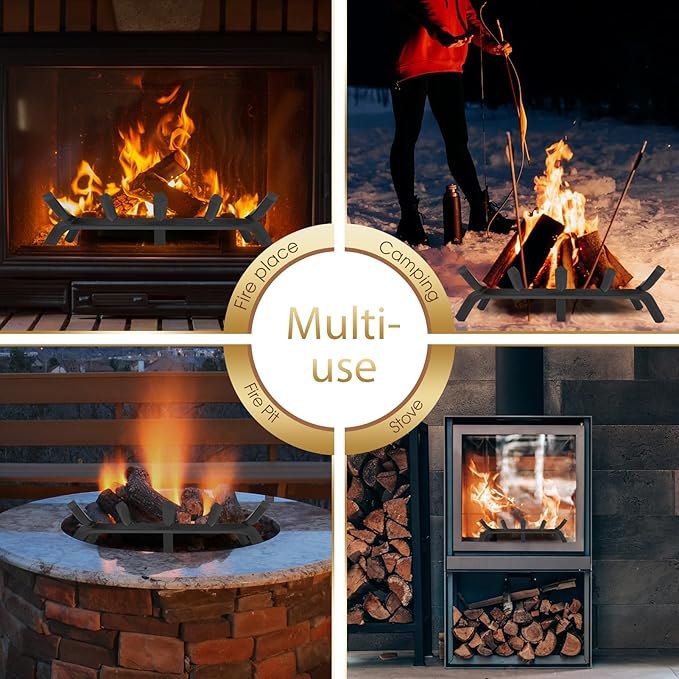 G GOOD GAIN Fireplace Grate with Ember Retainer, 20" Heavy Duty Steel Indoor, Chimney Hearth Wood Stove Burning Rack Holder,1/2 Bar Fire Place Asseccories for Outdoor, Fire Pits, Camping.
