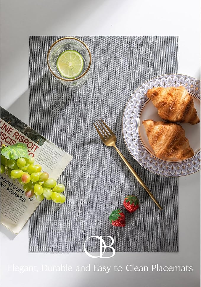 Placemats Set of 12 - Easy Clean Woven Vinyl Placemat for Dining Table, Indoor/Outdoor Place Mats, Washable PVC Table Mats（Gray）