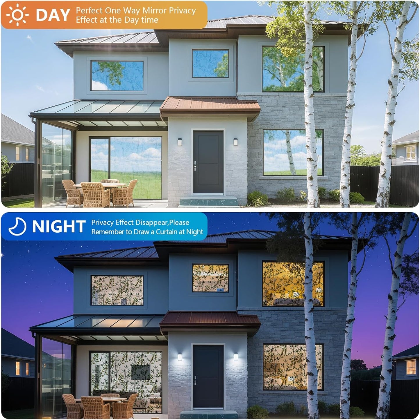 NINETREX One Way Window Privacy Film, Daytime Privacy Static Cling Sun Blocking Anti UV Reflective Window Tint for Home and Office 17.5 x 157.4 inches, Silver Leaf